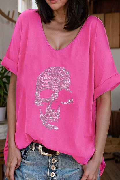 v neck skull print loose short sleeve t shirt 110617