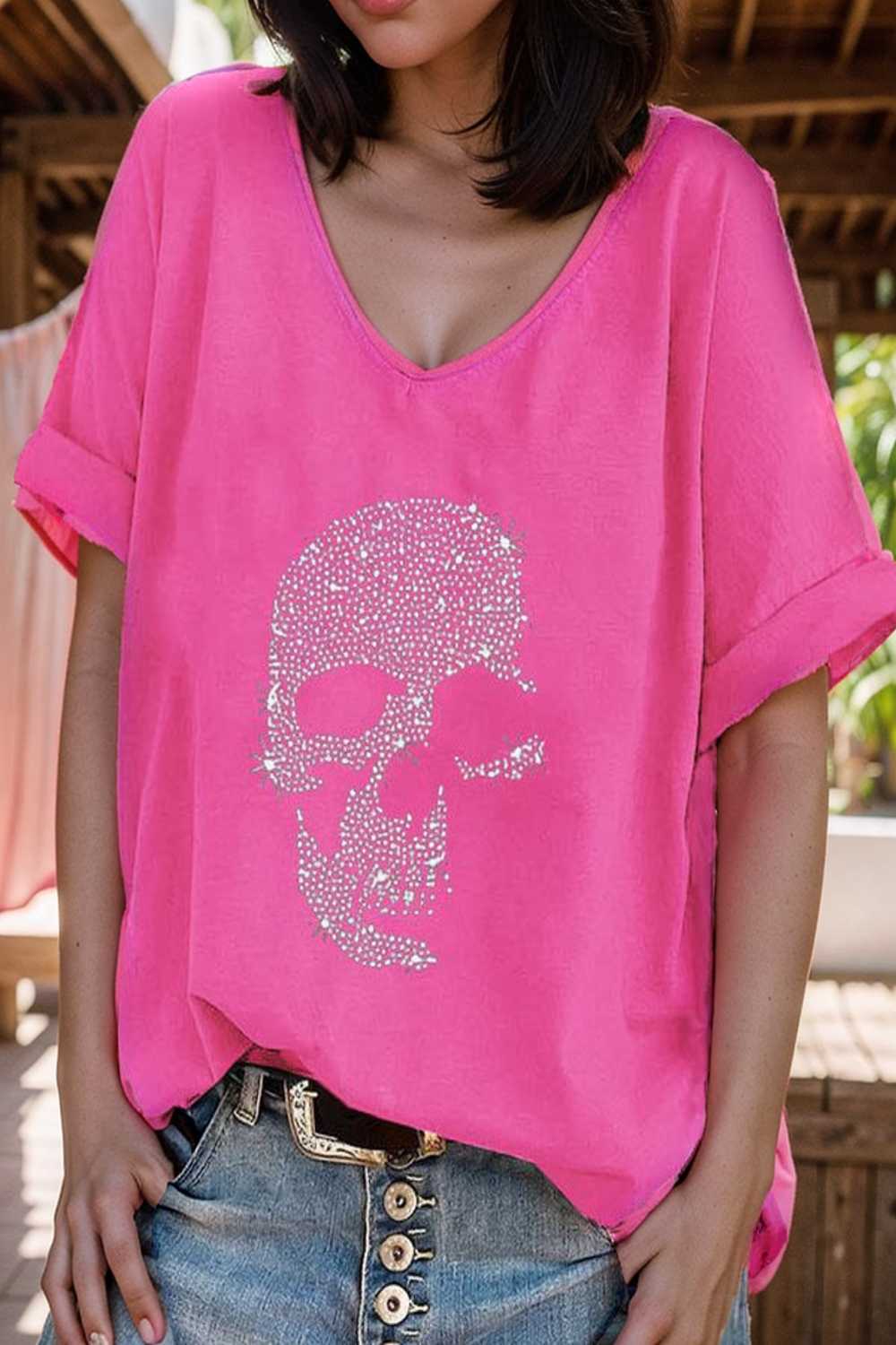 v neck skull print loose short sleeve t shirt 108406