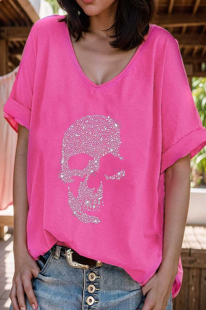 v neck skull print loose short sleeve t shirt 108406