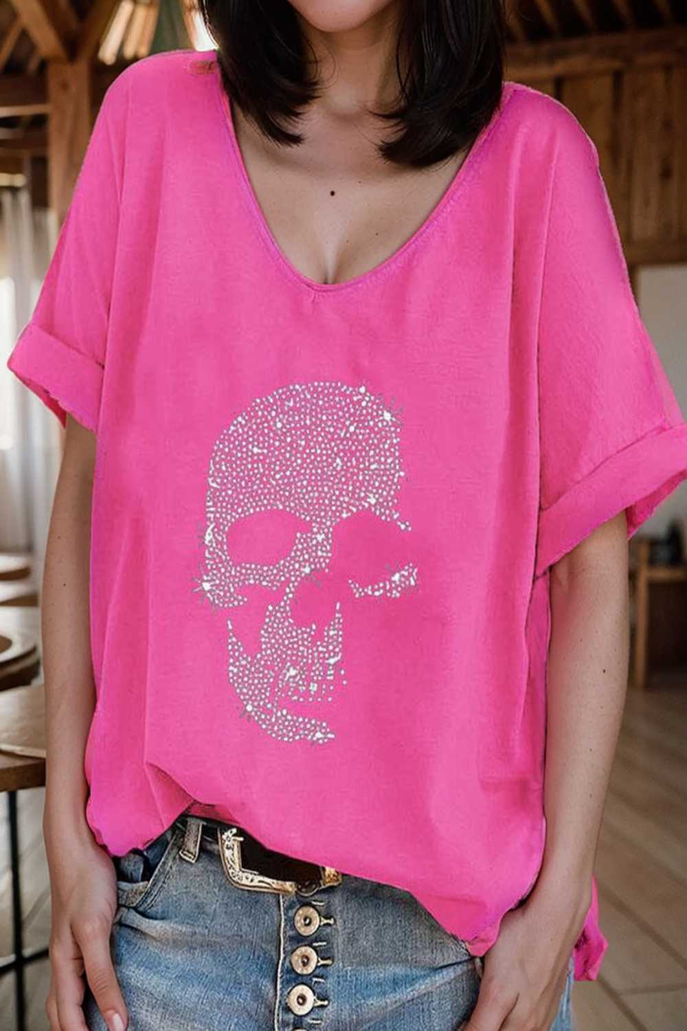 v neck skull print loose short sleeve t shirt 137629