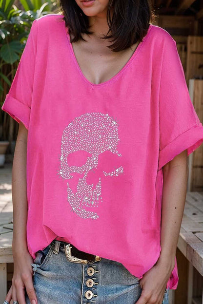 v neck skull print loose short sleeve t shirt 110616