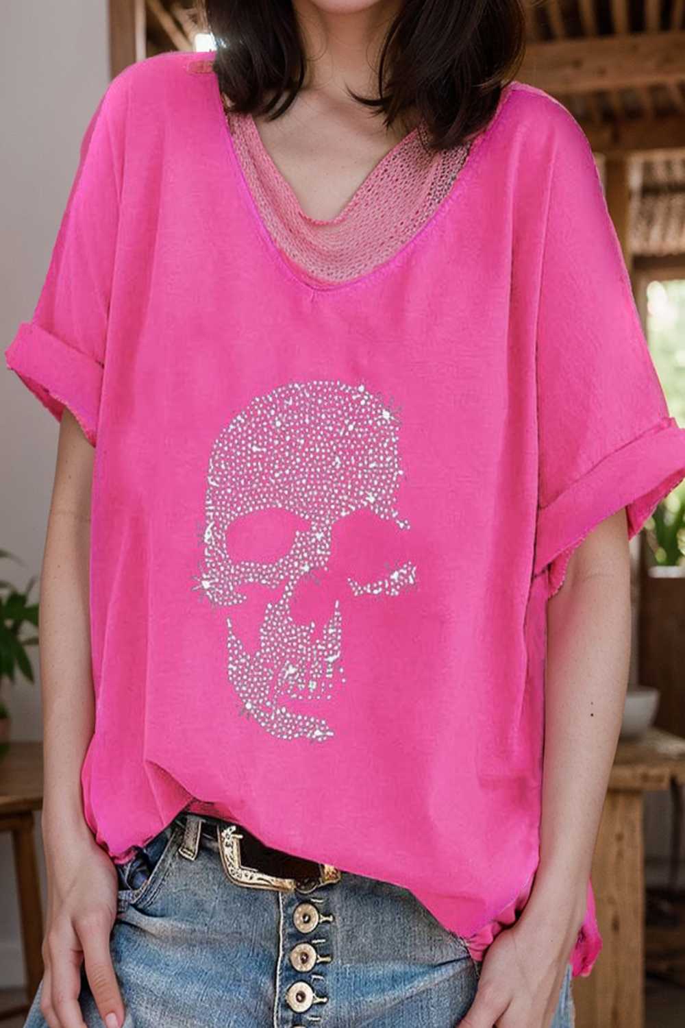 v neck skull print loose short sleeve t shirt 108405