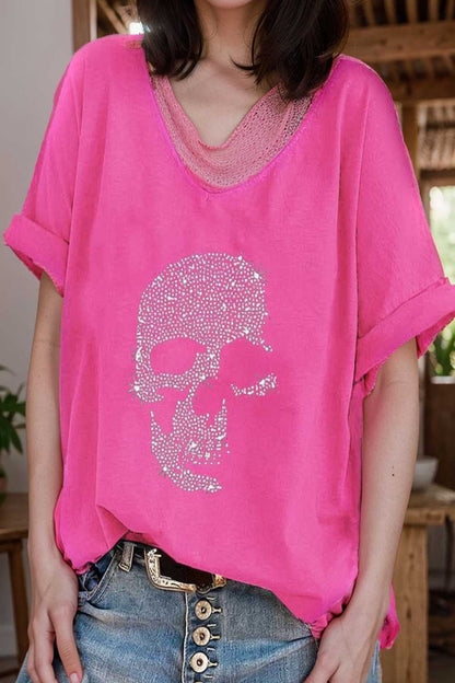 v neck skull print loose short sleeve t shirt 108405
