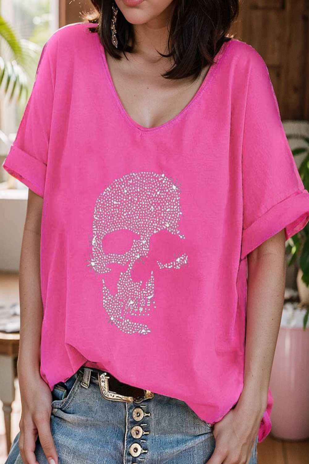 v neck skull print loose short sleeve t shirt 137628