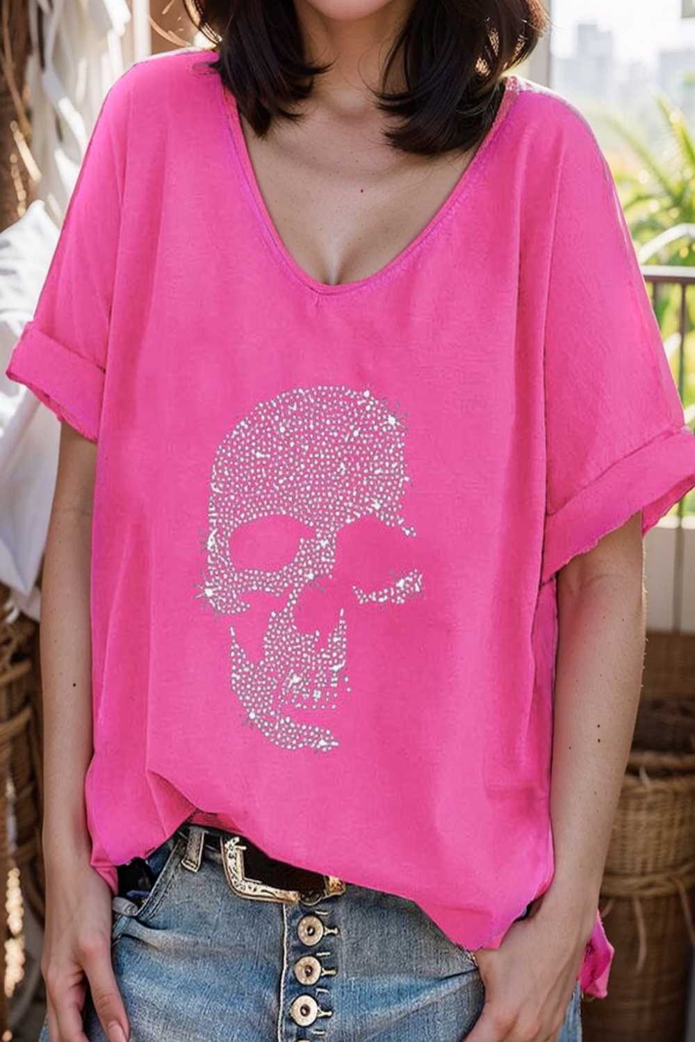 v neck skull print loose short sleeve t shirt 110615