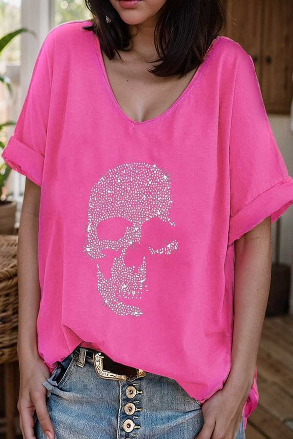 v neck skull print loose short sleeve t shirt 137627