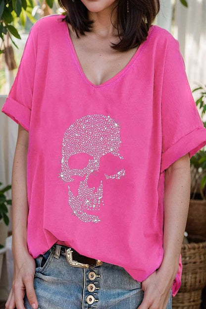 v neck skull print loose short sleeve t shirt 108404
