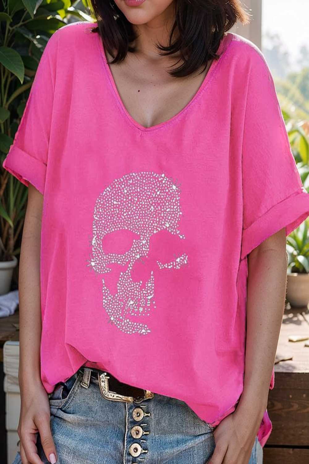 v neck skull print loose short sleeve t shirt 137626