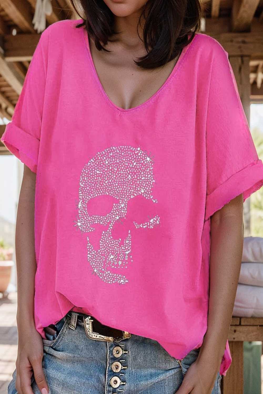 v neck skull print loose short sleeve t shirt 108403