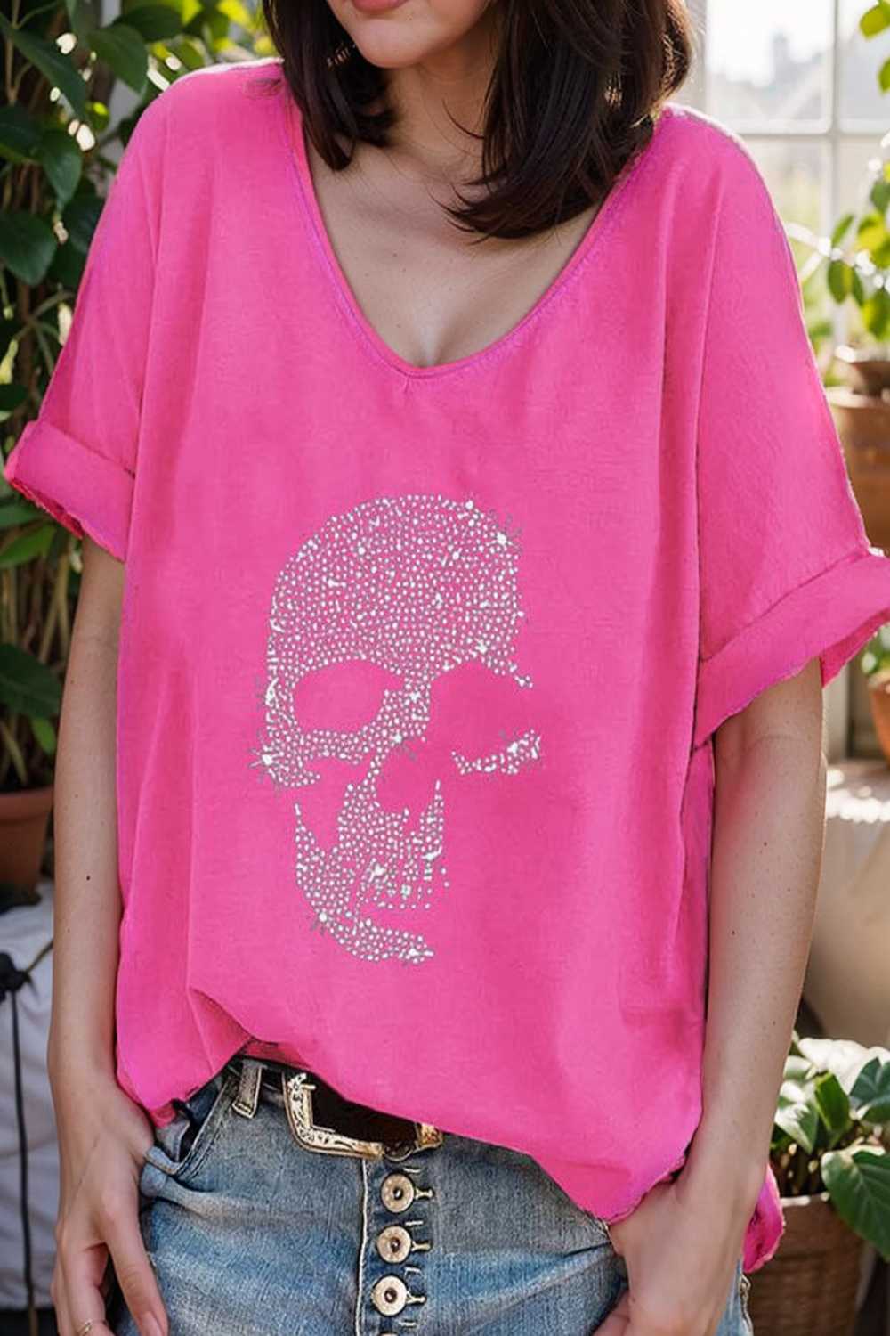 v neck skull print loose short sleeve t shirt 110614