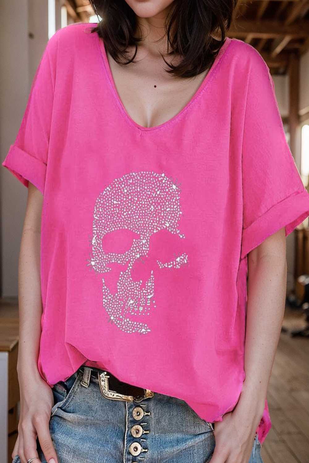 v neck skull print loose short sleeve t shirt 137625