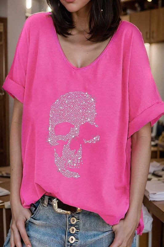 v neck skull print loose short sleeve t shirt 108402