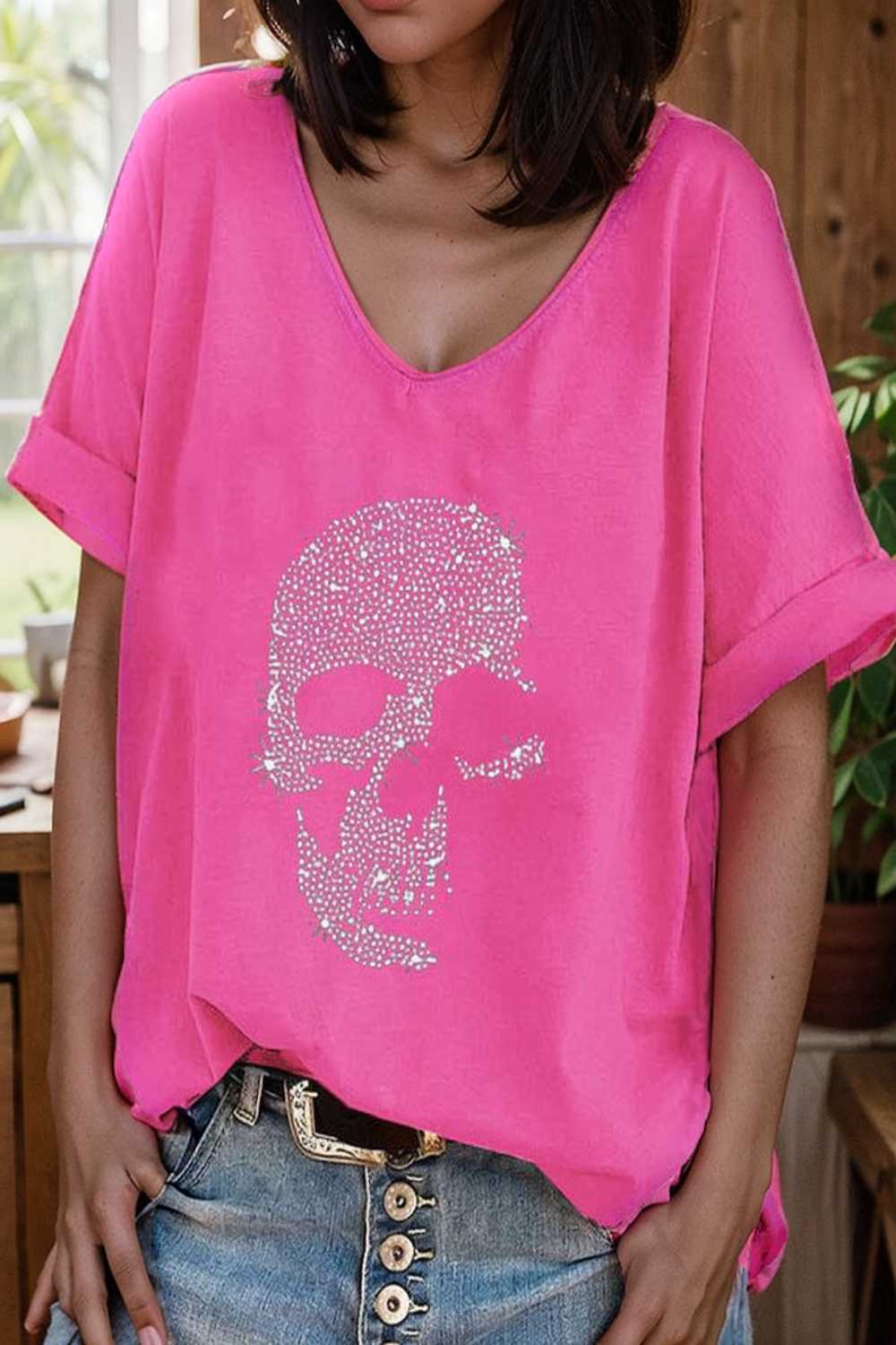 v neck skull print loose short sleeve t shirt 137624