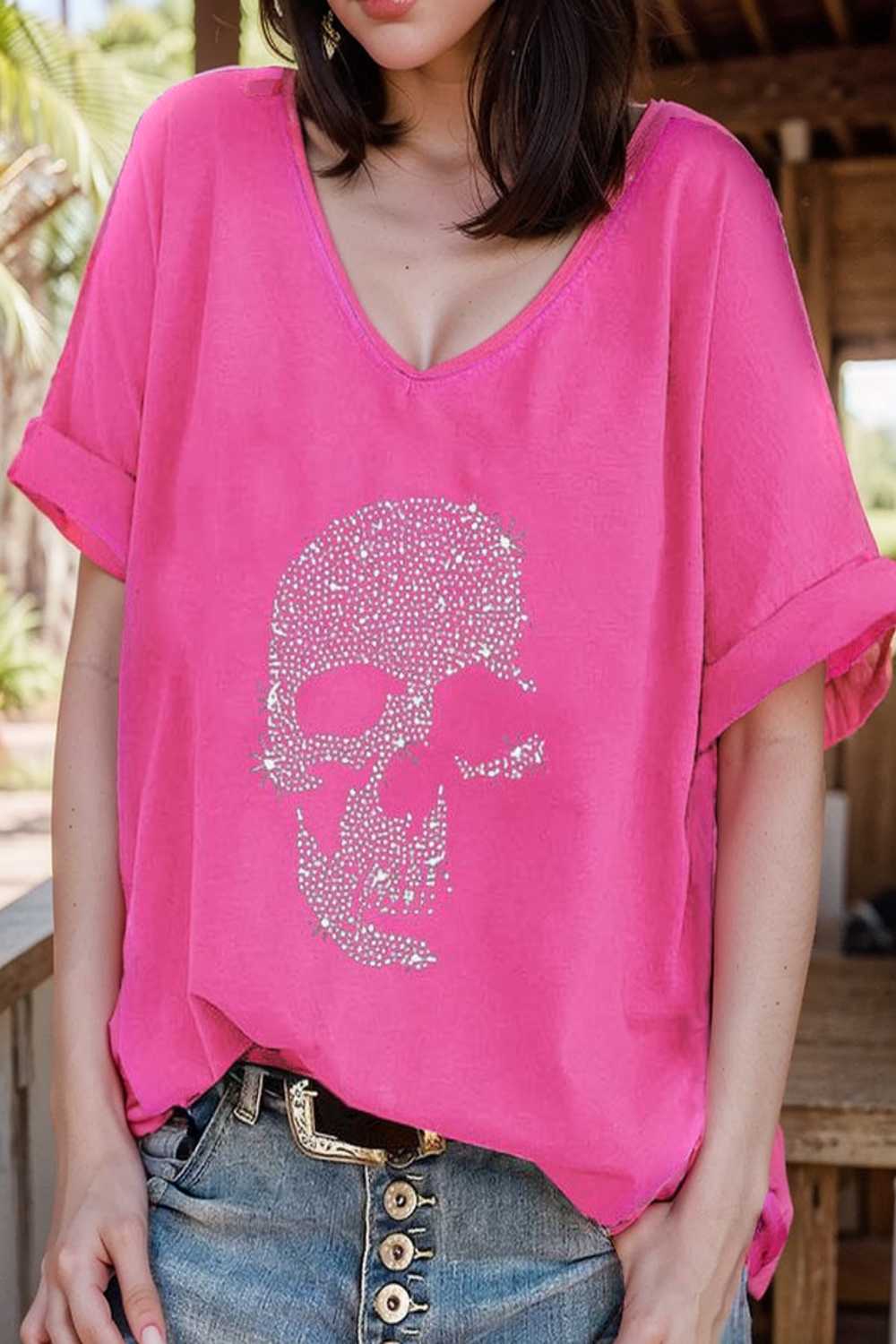v neck skull print loose short sleeve t shirt 108401
