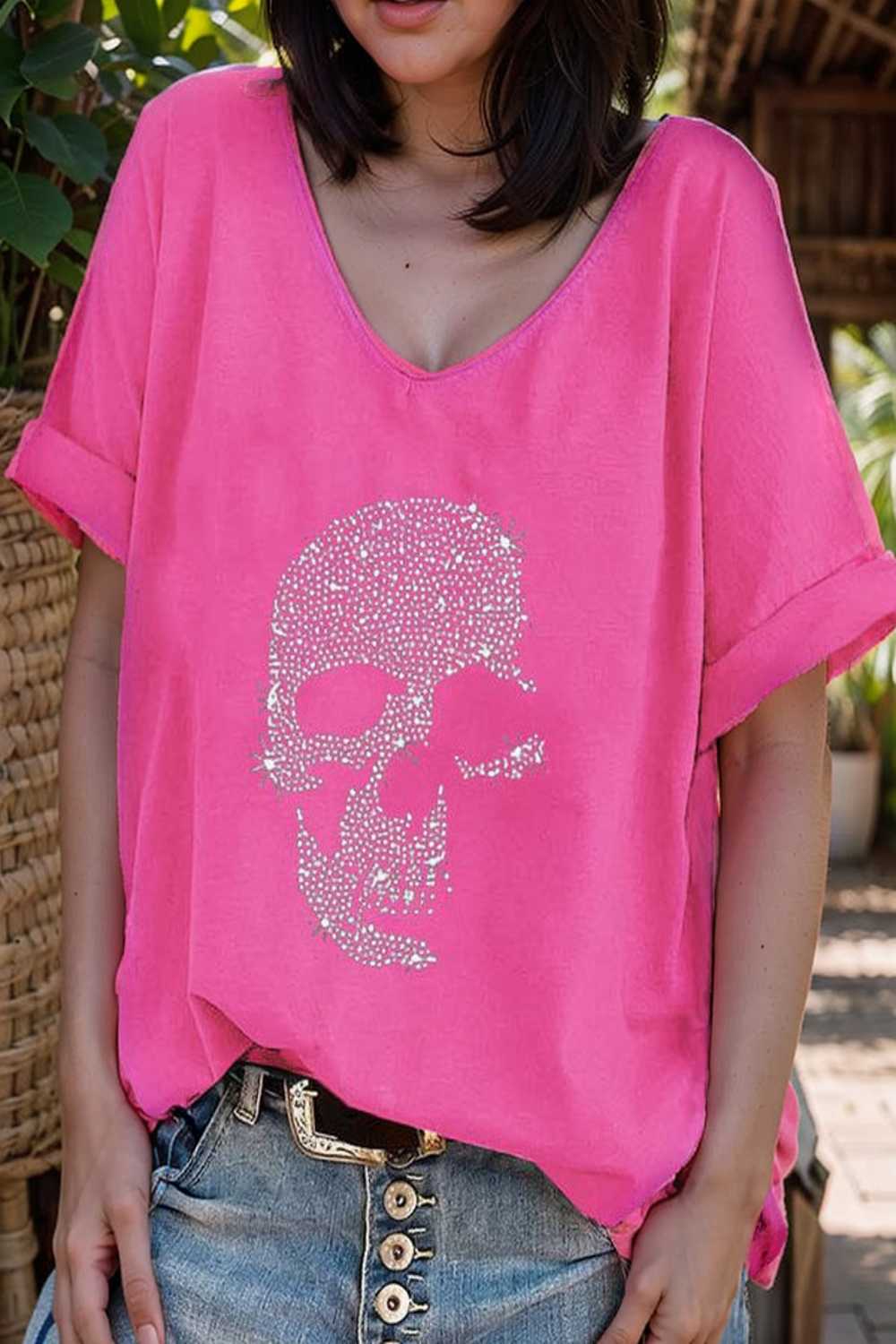 v neck skull print loose short sleeve t shirt 110612