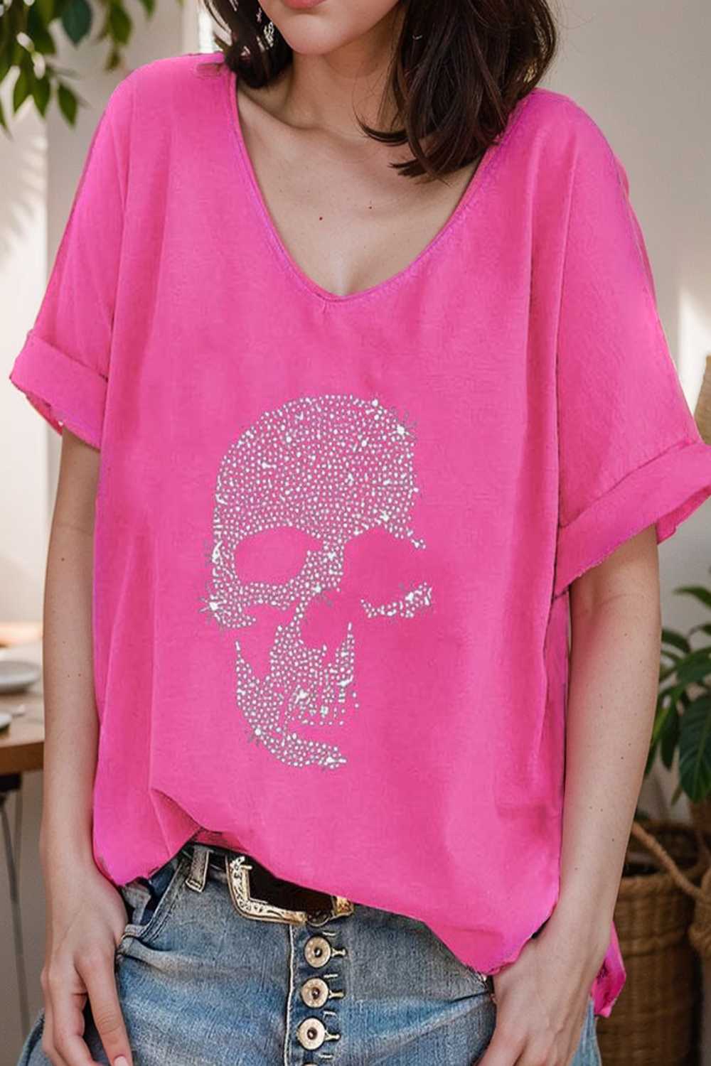 v neck skull print loose short sleeve t shirt 108400