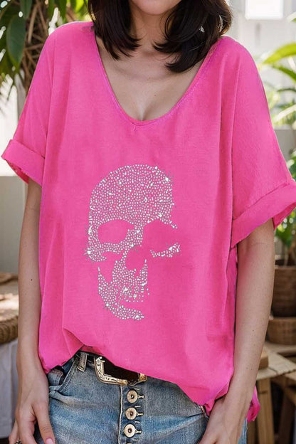 v neck skull print loose short sleeve t shirt 137623