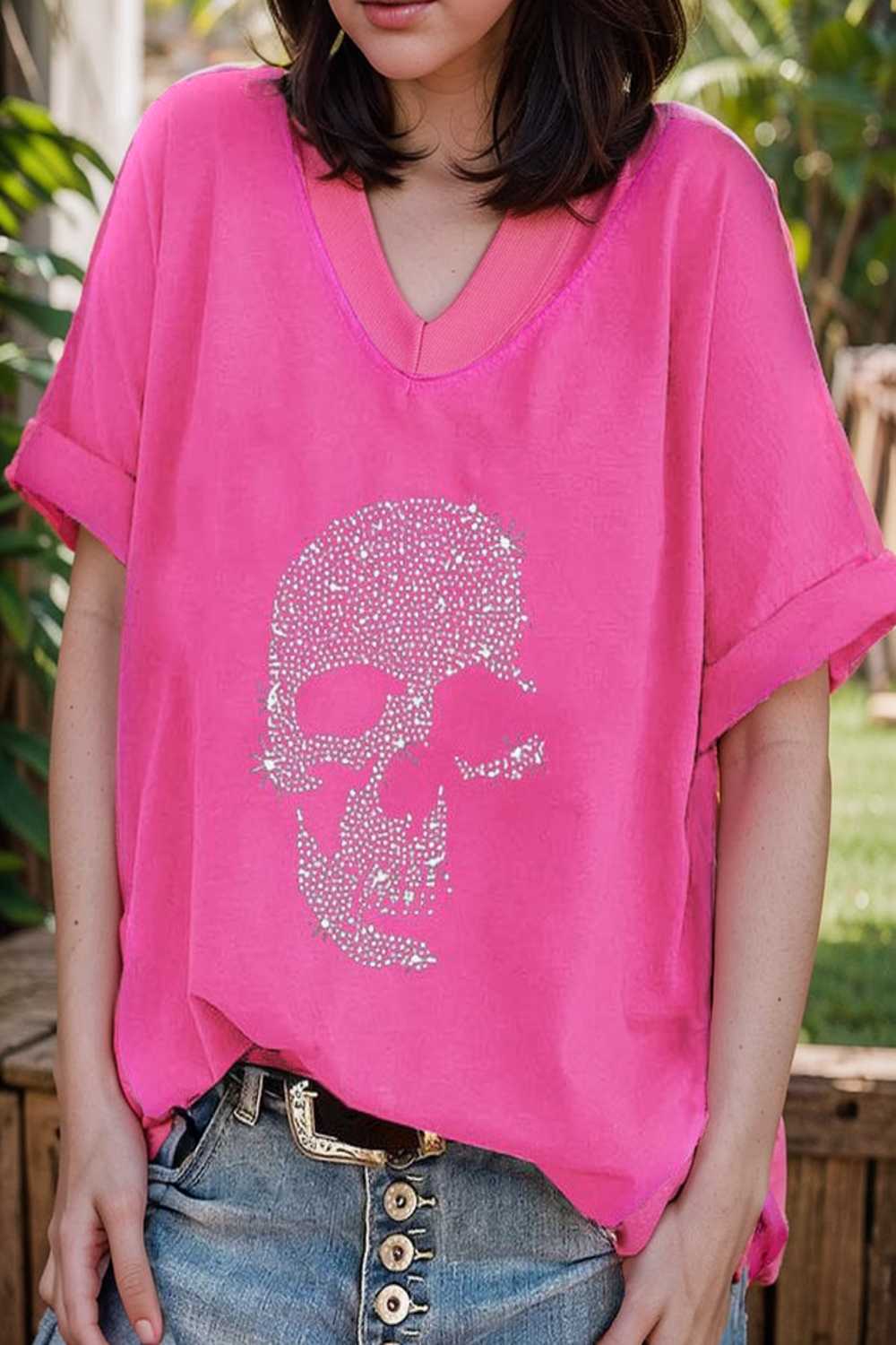 v neck skull print loose short sleeve t shirt 108399