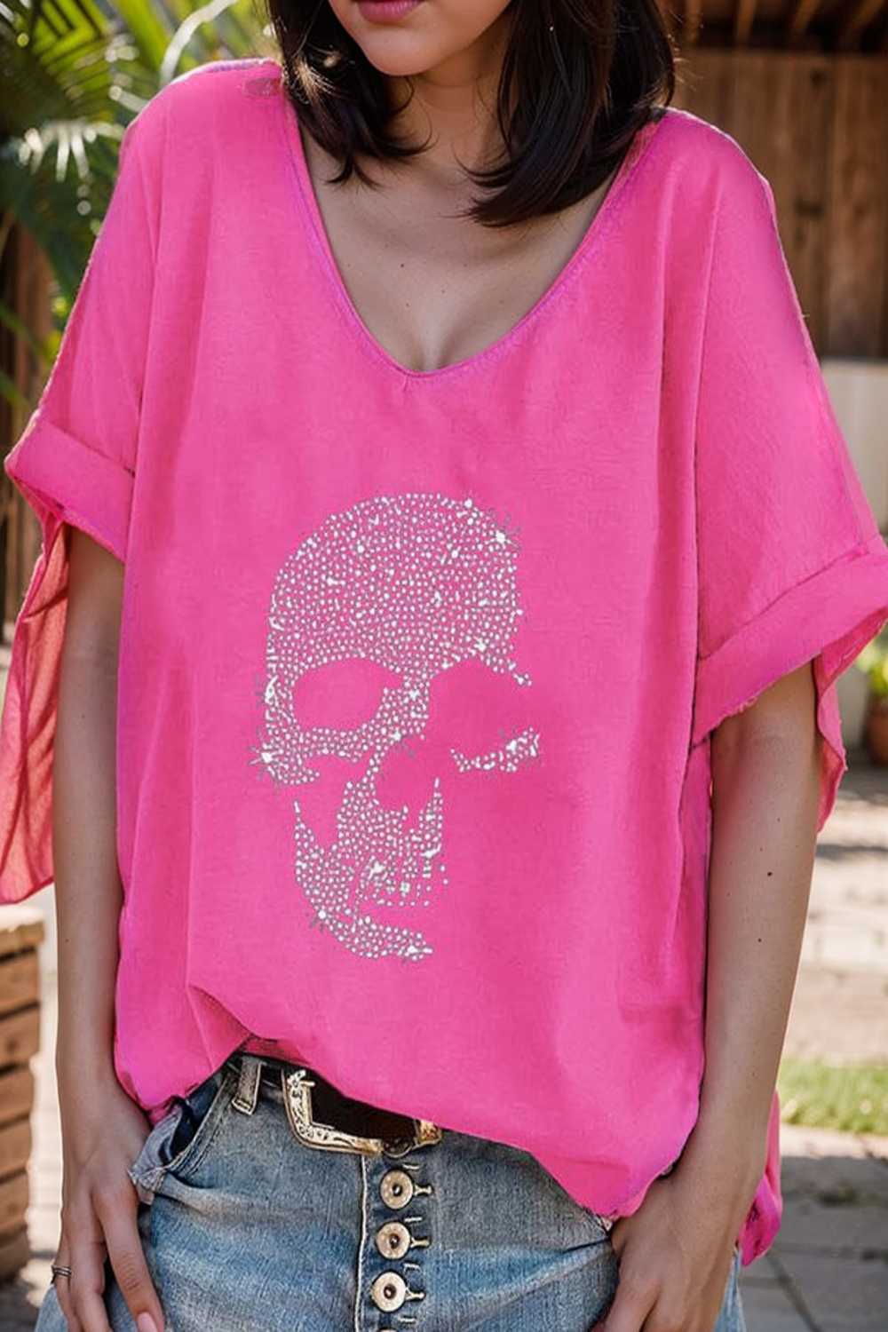 v neck skull print loose short sleeve t shirt 108398
