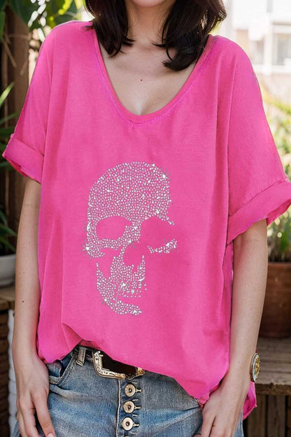 v neck skull print loose short sleeve t shirt 137621