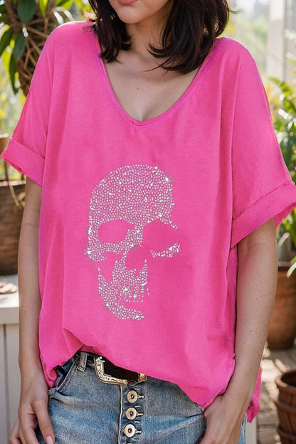 v neck skull print loose short sleeve t shirt 137620