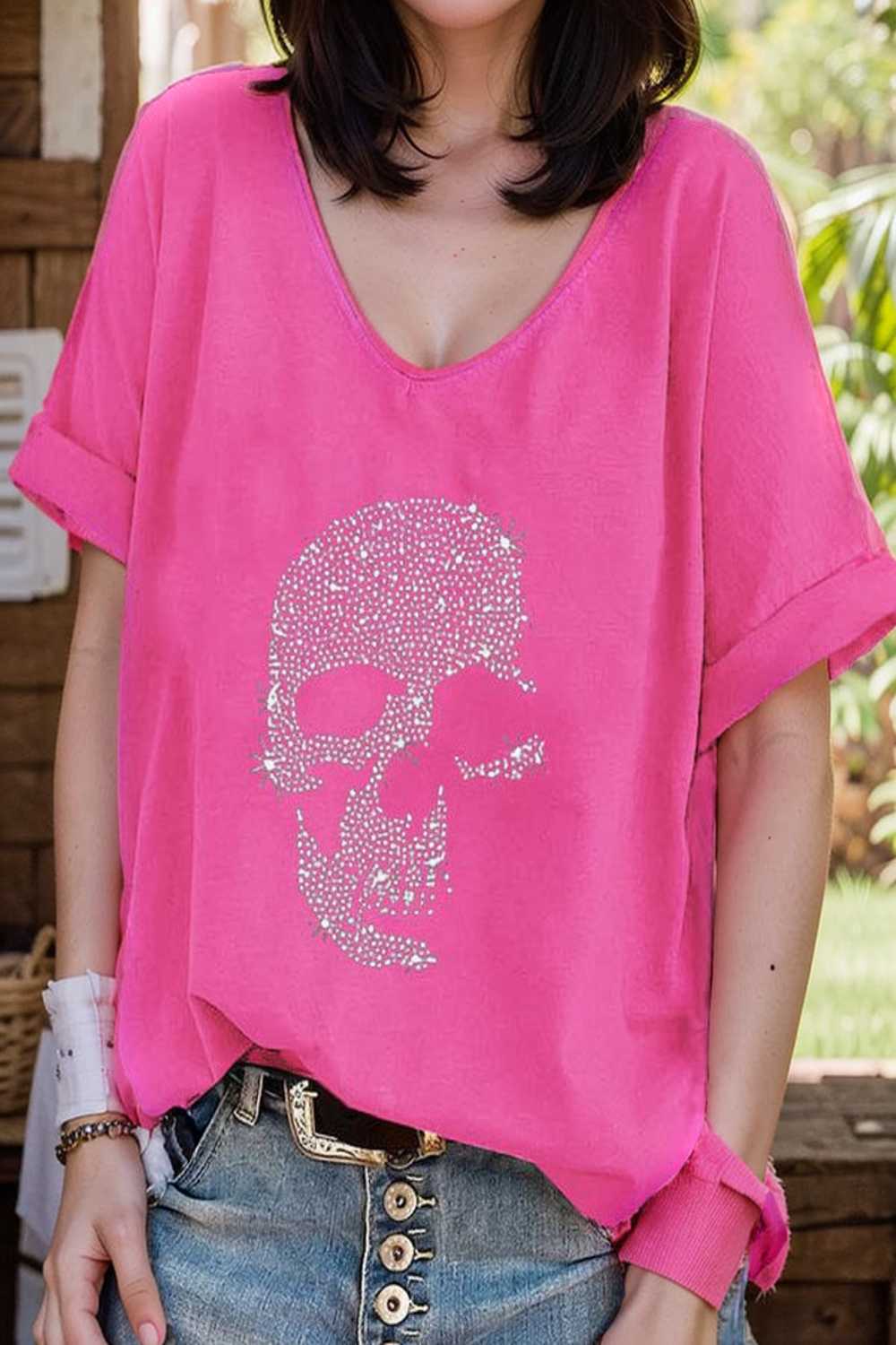 v neck skull print loose short sleeve t shirt 108397