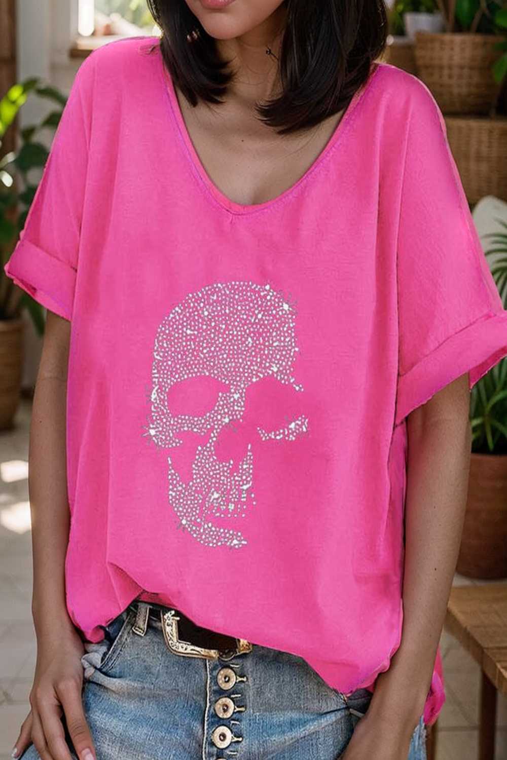 v neck skull print loose short sleeve t shirt 108396