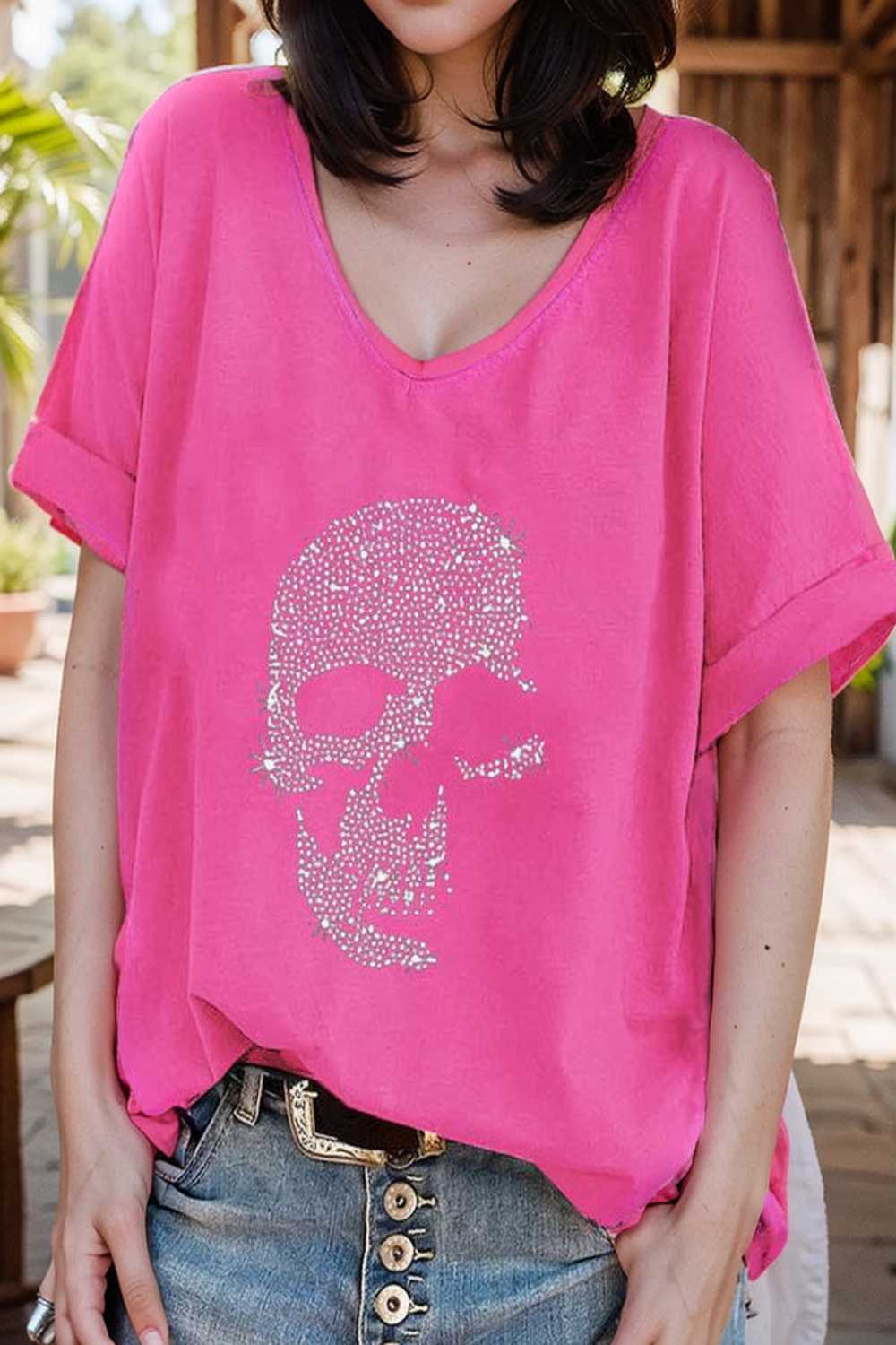 v neck skull print loose short sleeve t shirt 137619