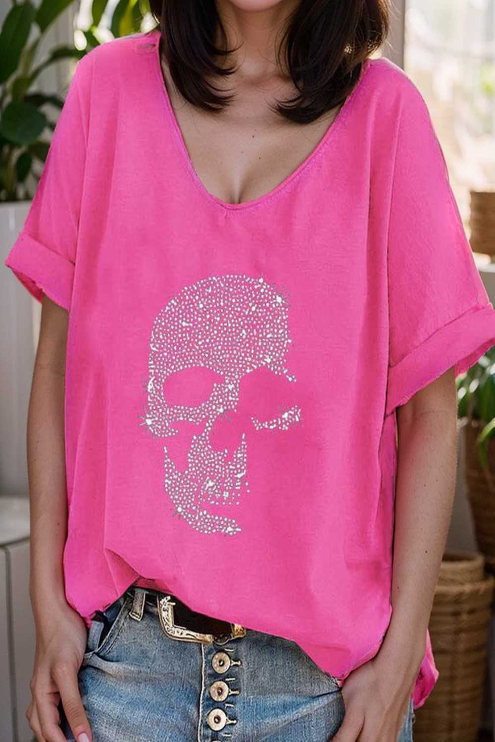 v neck skull print loose short sleeve t shirt 108395
