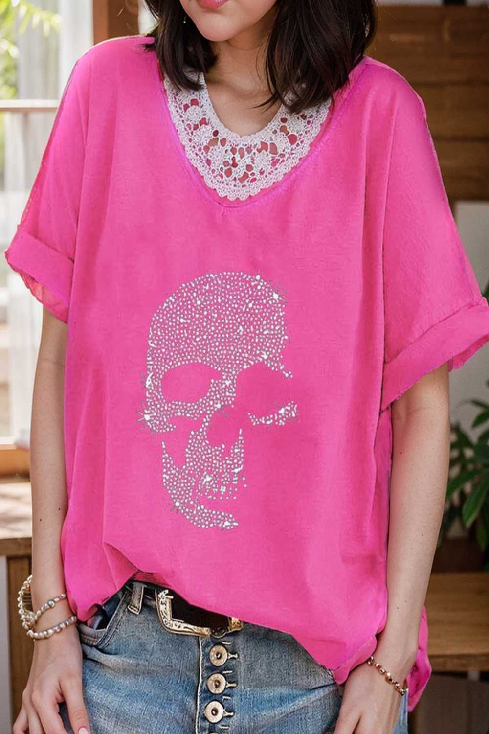 v neck skull print loose short sleeve t shirt 137618