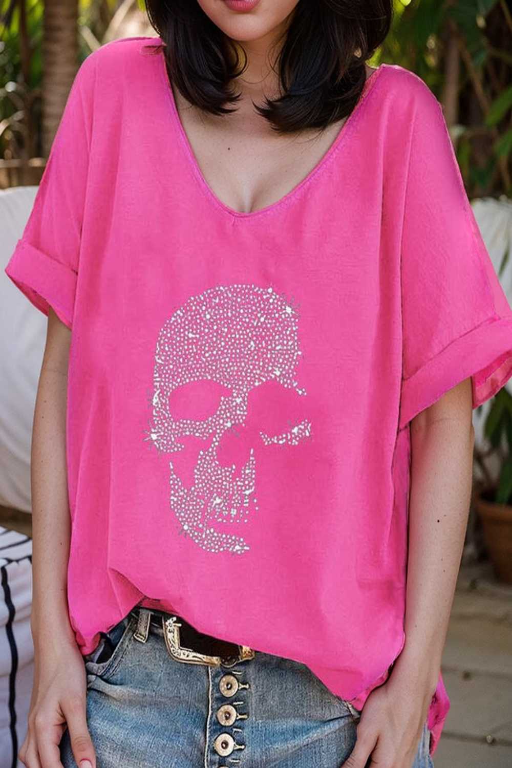 v neck skull print loose short sleeve t shirt 137617