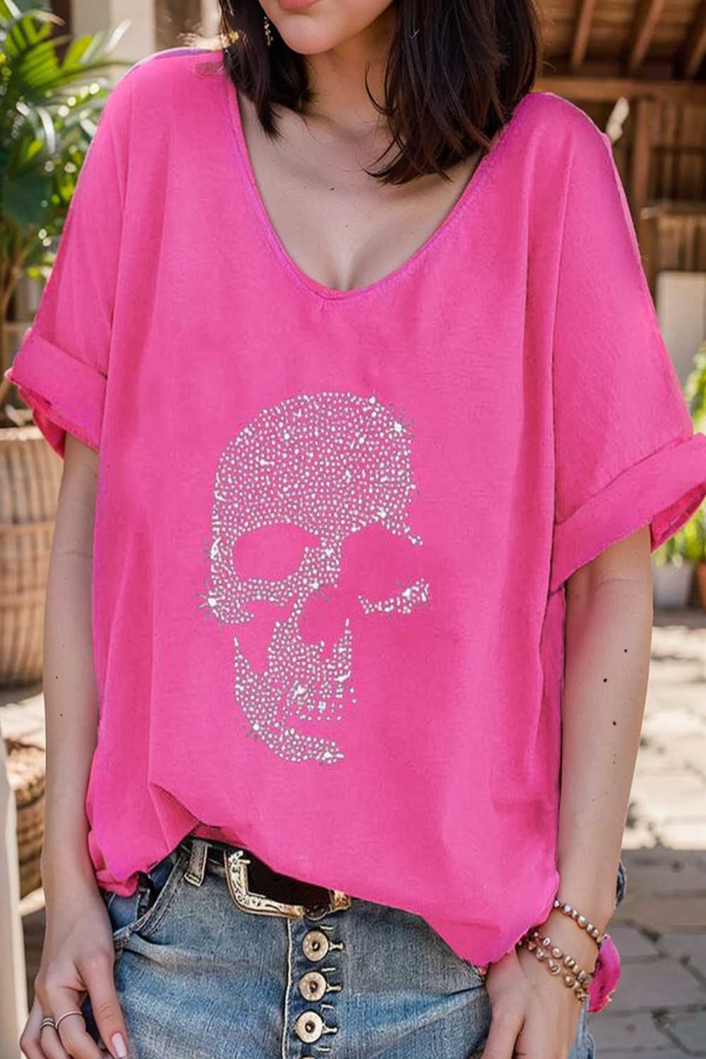 v neck skull print loose short sleeve t shirt 108394