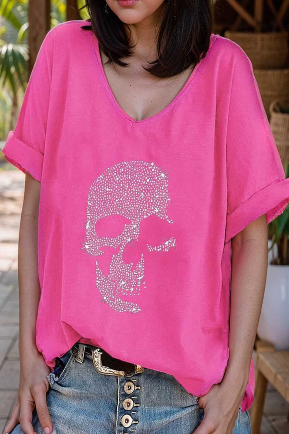 v neck skull print loose short sleeve t shirt 137616