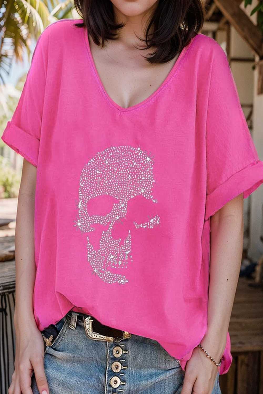 v neck skull print loose short sleeve t shirt 137615