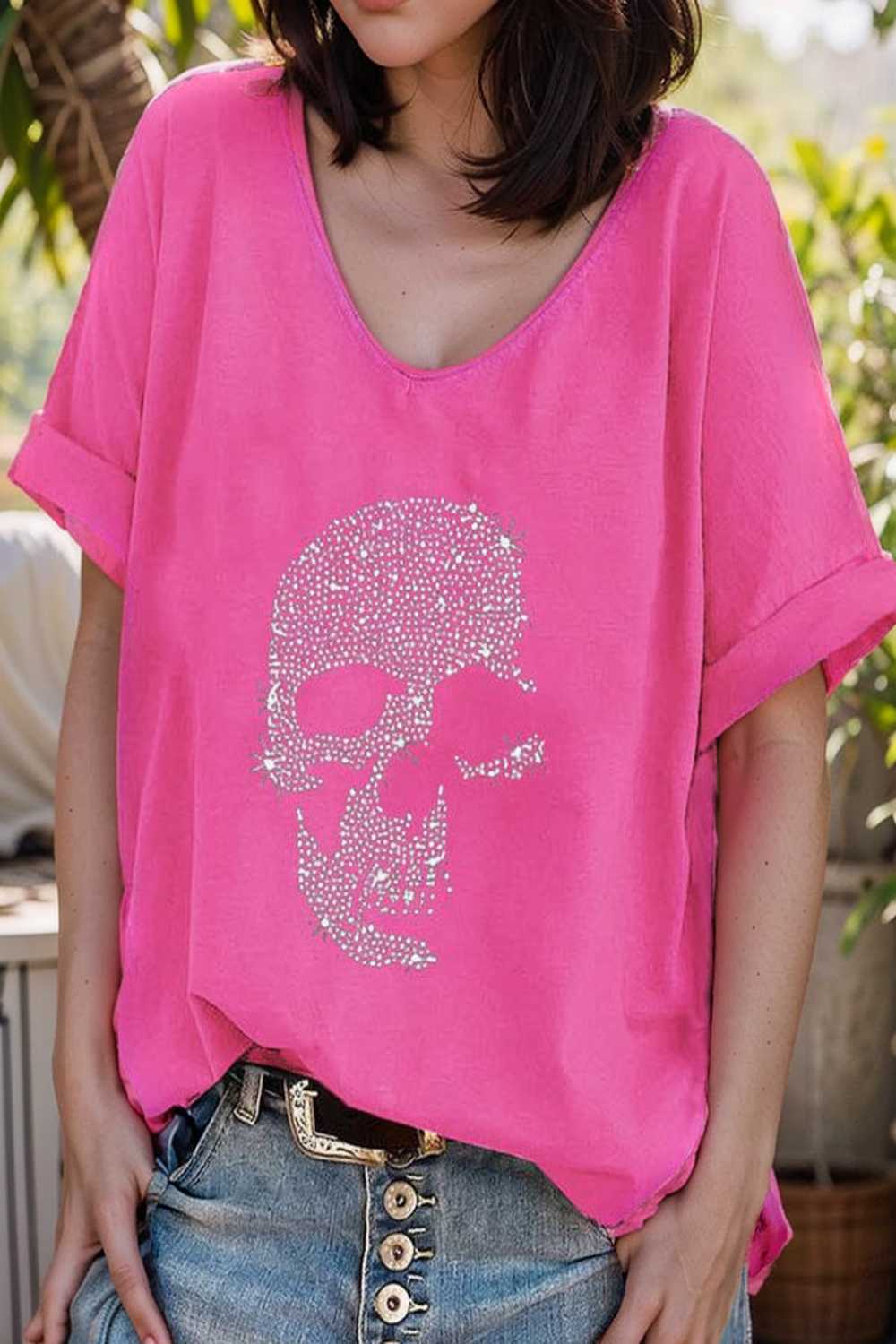 v neck skull print loose short sleeve t shirt 137614