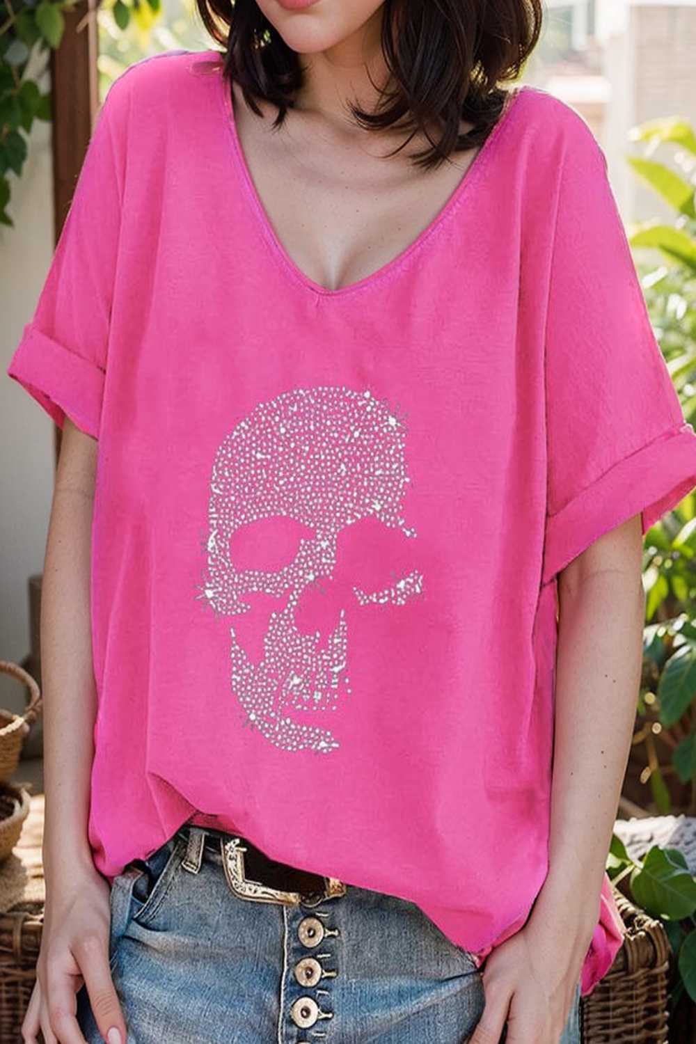 v neck skull print loose short sleeve t shirt 137613