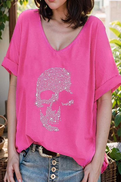 v neck skull print loose short sleeve t shirt 137613