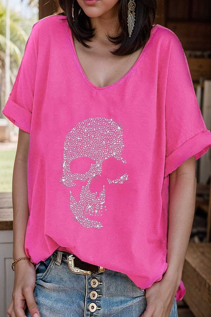 v neck skull print loose short sleeve t shirt 137612