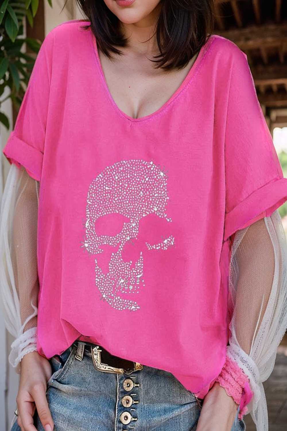 v neck skull print loose short sleeve t shirt 137611