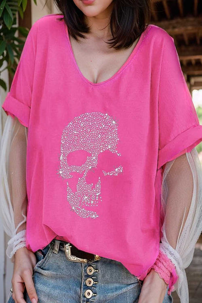 v neck skull print loose short sleeve t shirt 137611