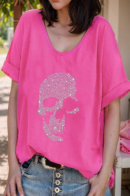 v neck skull print loose short sleeve t shirt 137610