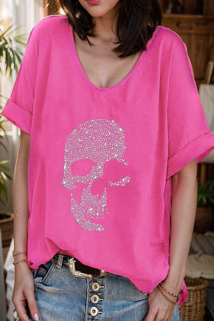 v neck skull print loose short sleeve t shirt 137609