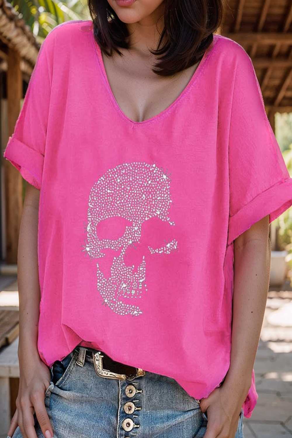 v neck skull print loose short sleeve t shirt 137608