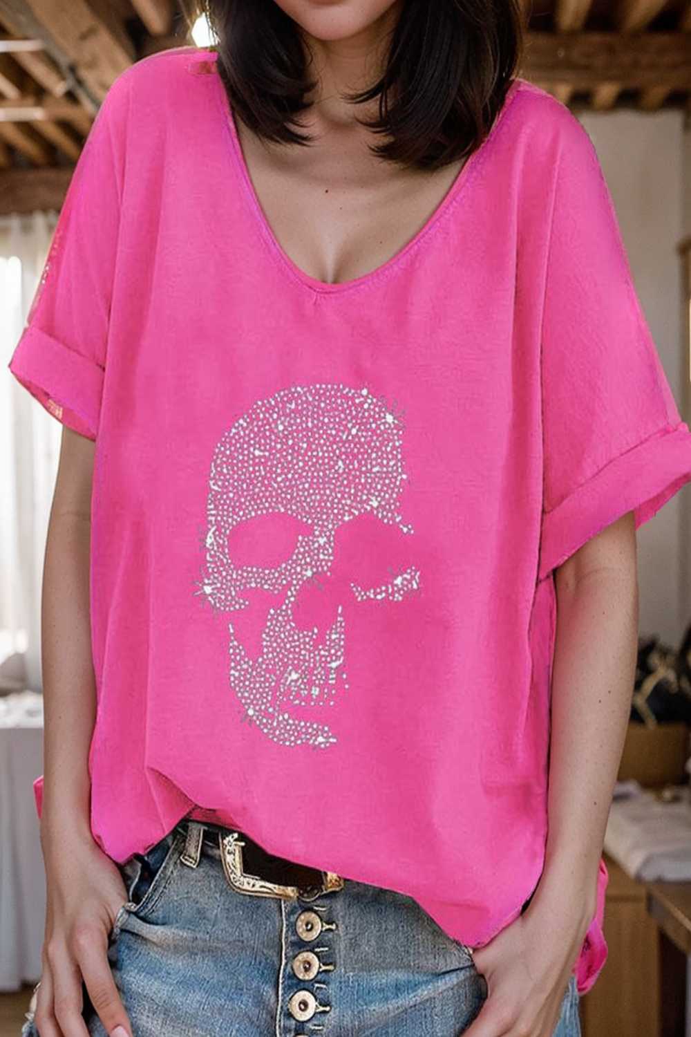 v neck skull print loose short sleeve t shirt 137607