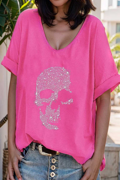 v neck skull print loose short sleeve t shirt 137606