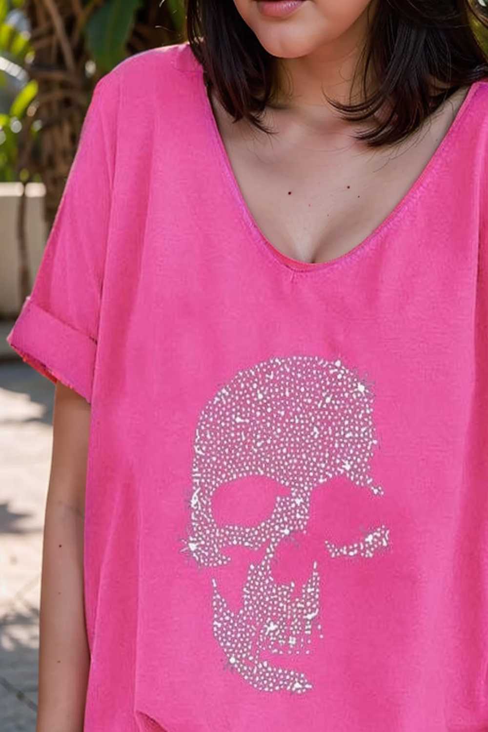 v neck skull print loose short sleeve t shirt 137605