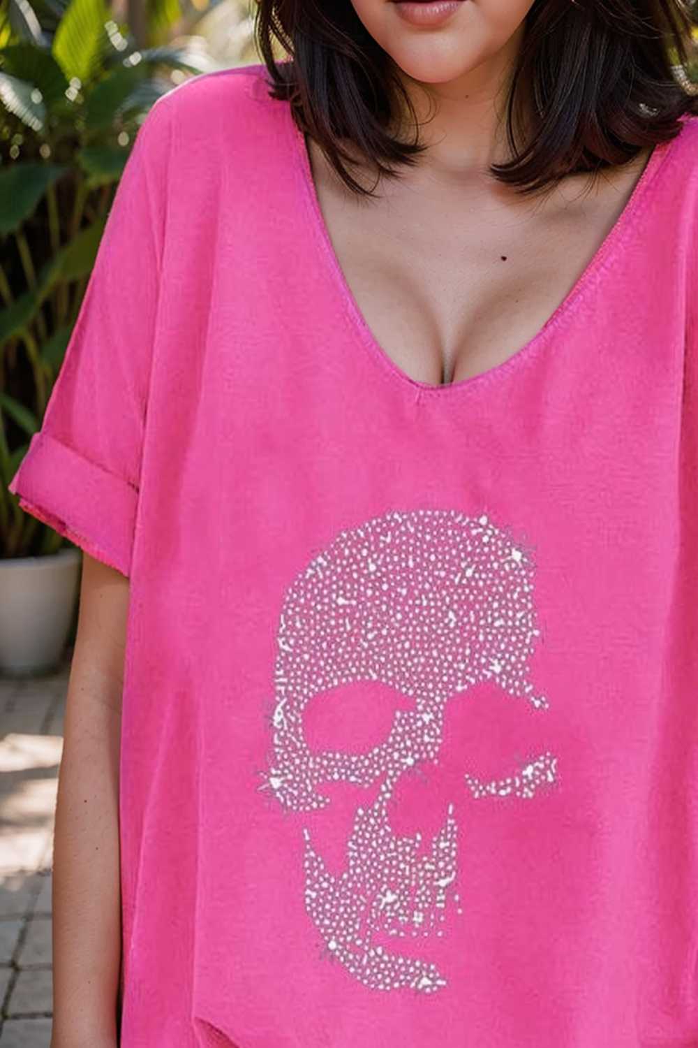 v neck skull print loose short sleeve t shirt 108393