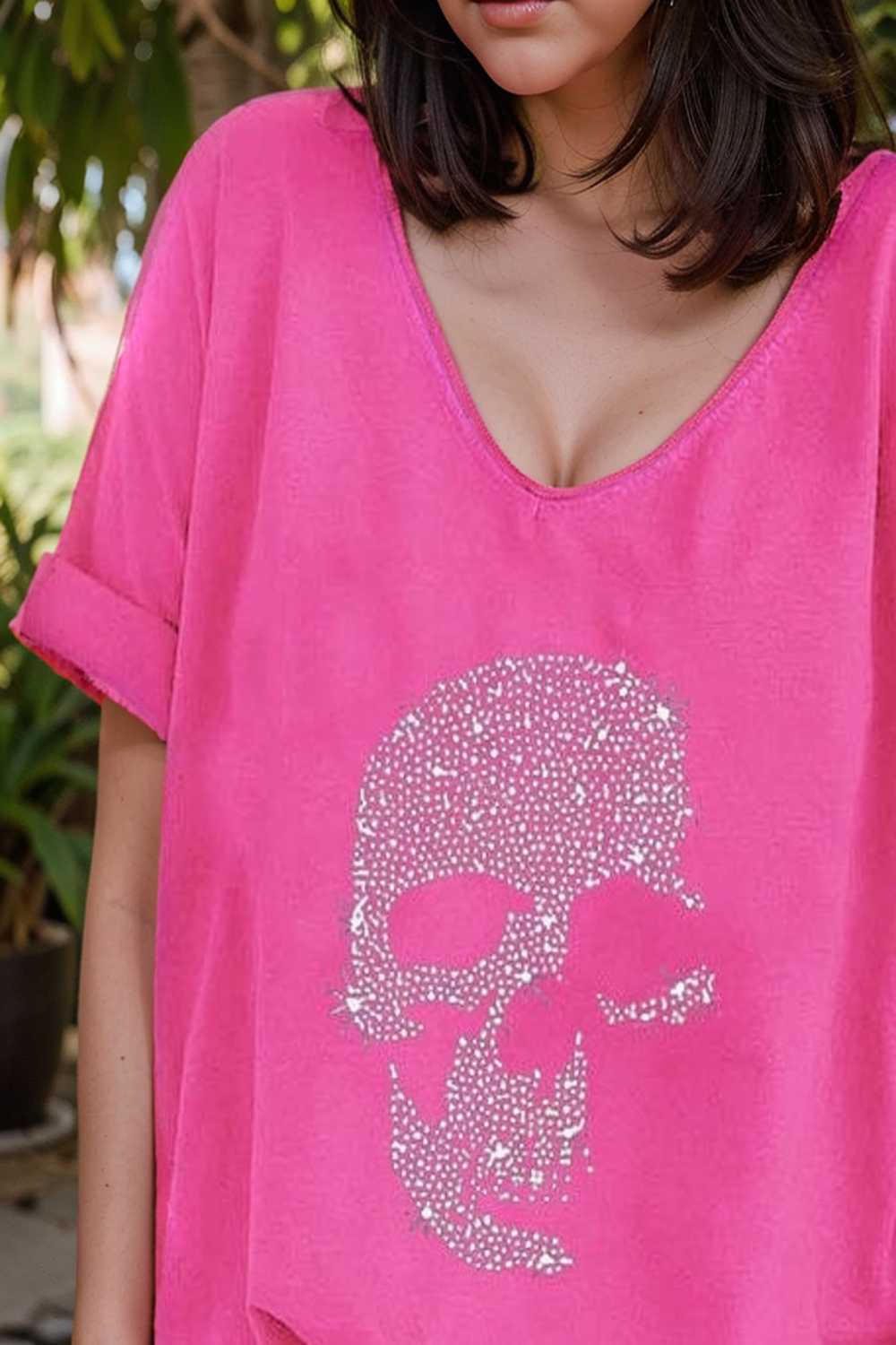 v neck skull print loose short sleeve t shirt 137604