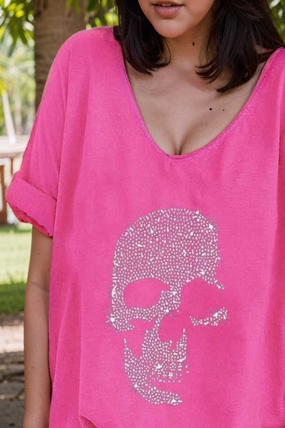 v neck skull print loose short sleeve t shirt 108392