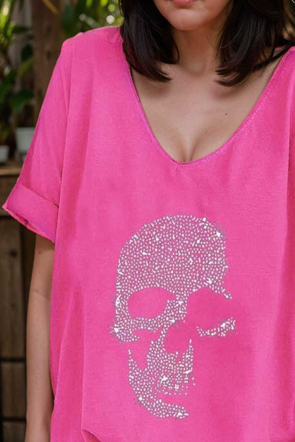 v neck skull print loose short sleeve t shirt 110610